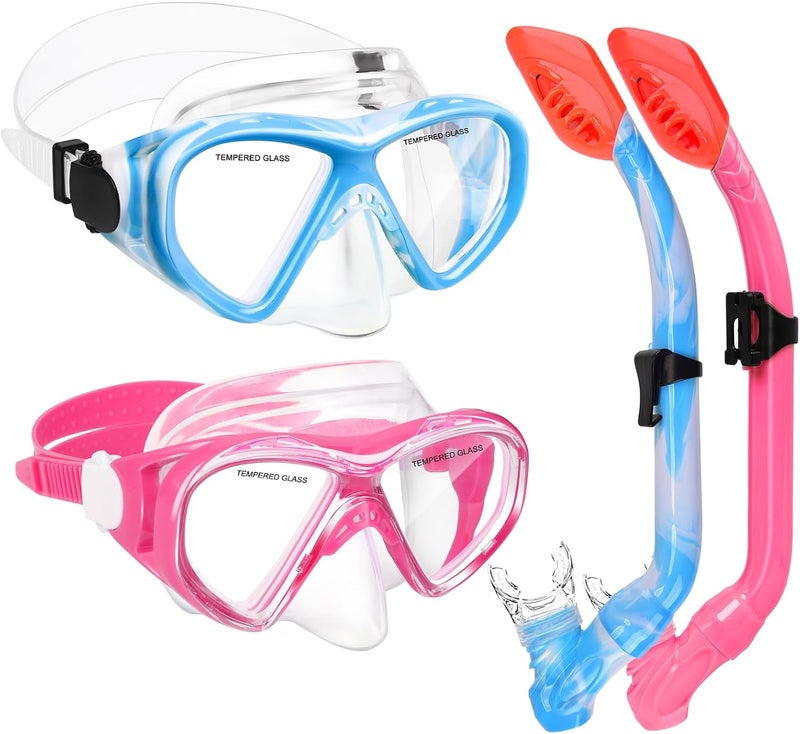 ACQCES 2 Sets Snorkeling Gear for Kids, Kids Snorkel Set for Ages 6-14, Dry Top Snorkel Mask Set for Youth Boys Girls Junior, Tempered Glass Diving Swimming Mask Goggles - Image 1